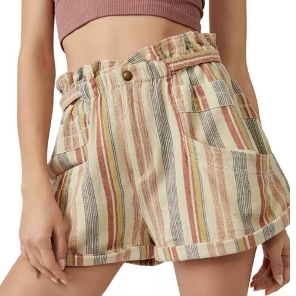 FREE PEOPLE Topanga Cotton Yarn Dye Shorts 2” Paper Bag Waist Cuffed Tan Multi M